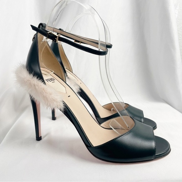 Fendi Mink Fur Trimmed Open Toe Leather Heels Green EU 39 - Picture 2 of 11